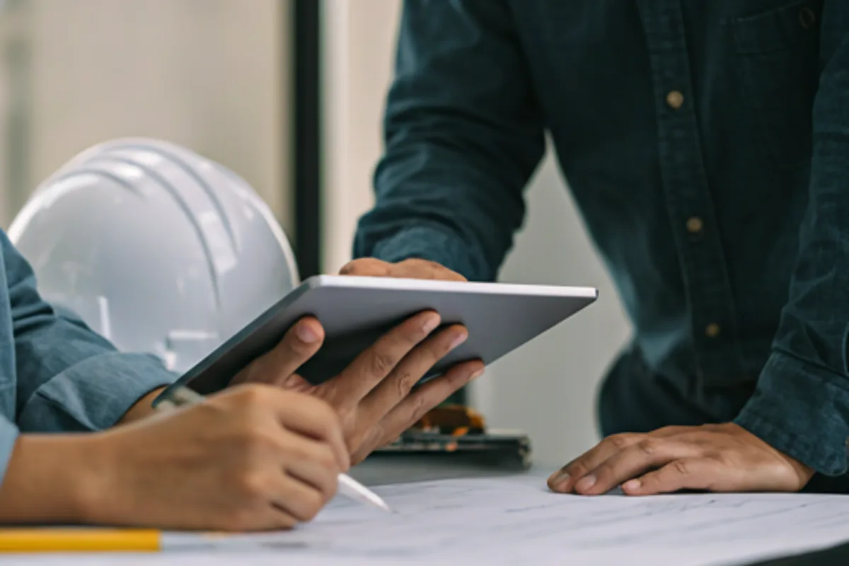 Engineers reviewing blueprints on tablet